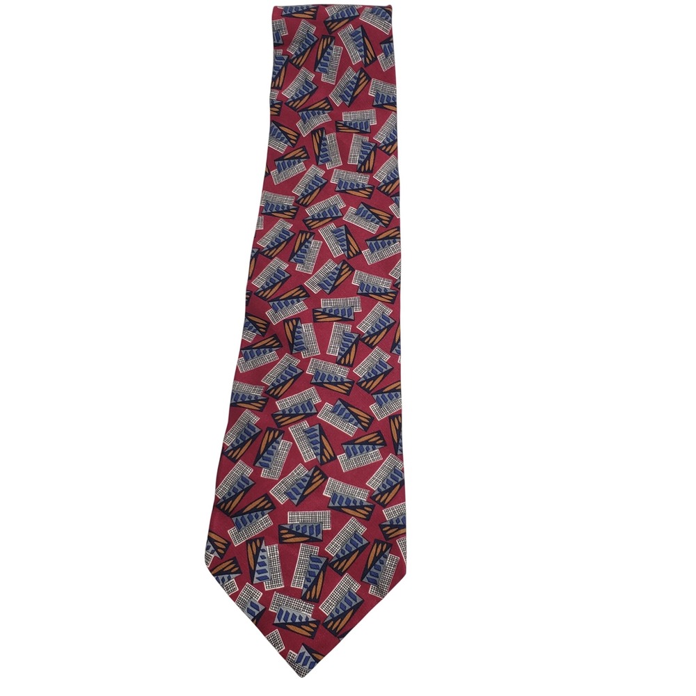 Pattini Mens Geometric Abstract Silk Tie OS Red Blue Gold